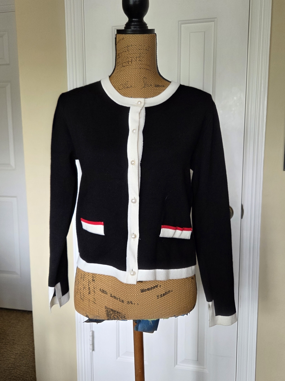 Zara Black Knit Top with Cream Trim